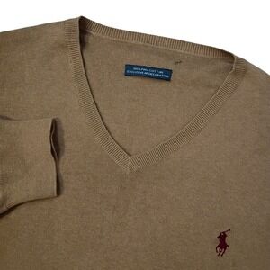 Polo by Ralph Lauren Men's V-Neck Sweater - Tan with Burgundy Logo